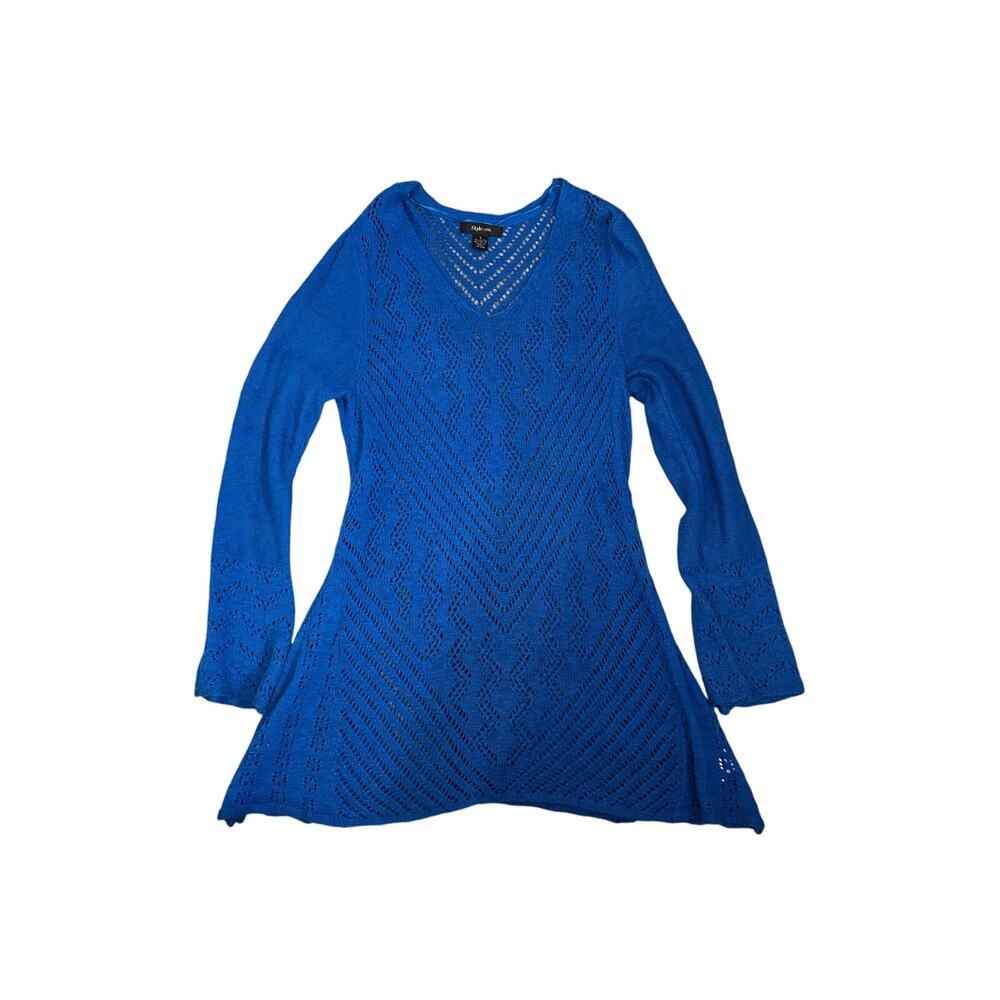 Style & Co Royal Blue Knit Crochet Tunic Dress Long Bell Sleeve Size L